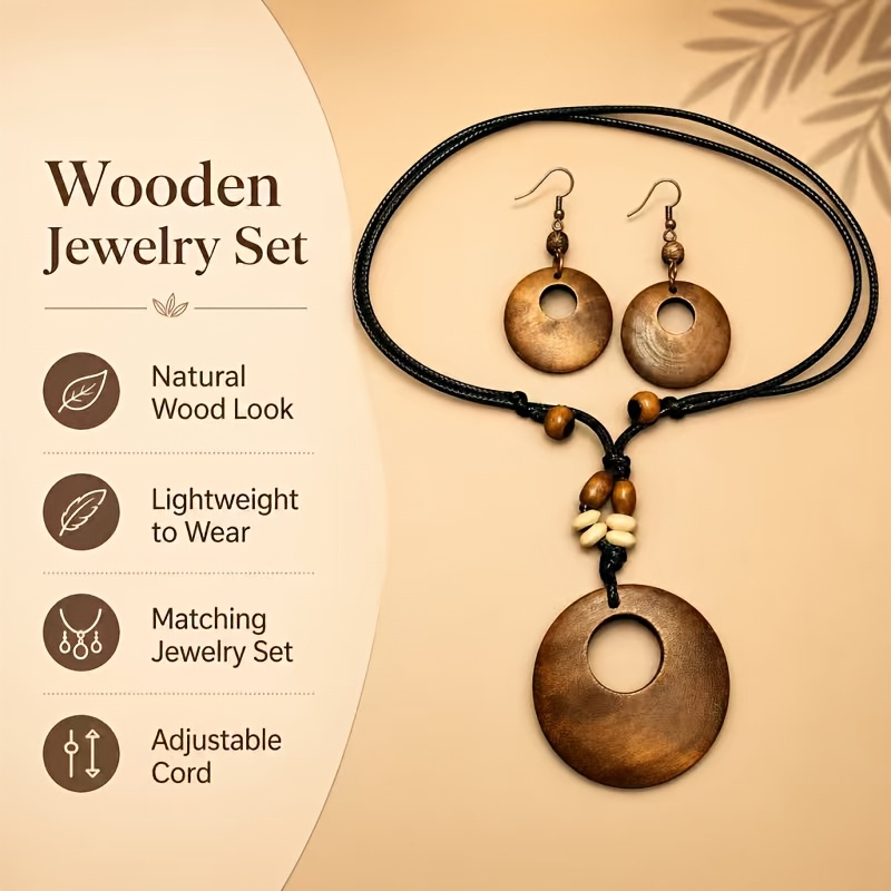 Bohemian Vintage Wooden Necklace & Drop Earrings Set
